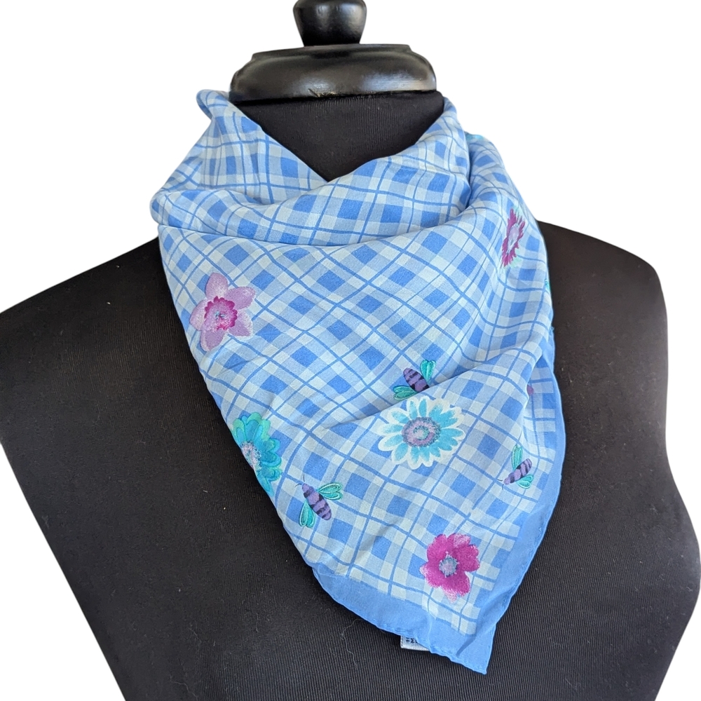 Vintage 80s Elaine Gold Silk Floral Blue Checkered Scarf Cottagecore Boho